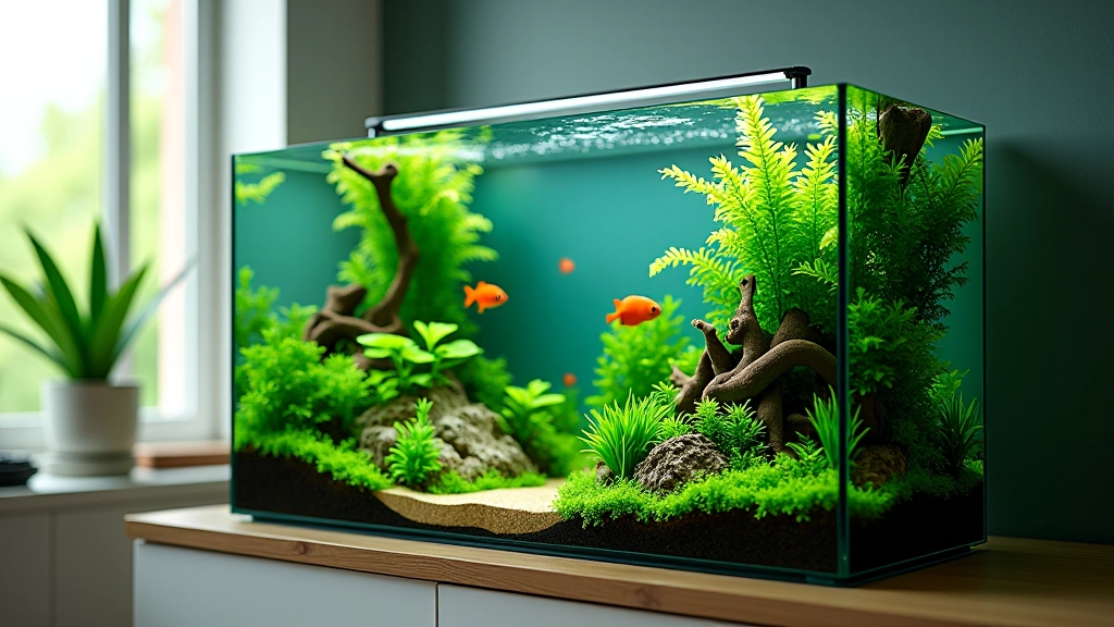Bel aquarium d'eau douce avec plantes vertes et poissons colorés dans un salon lumineux