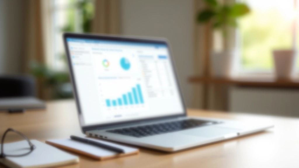 Espace de travail moderne avec ordinateur portable, graphiques de revenus et documents de monétisation visibles sur le bureau