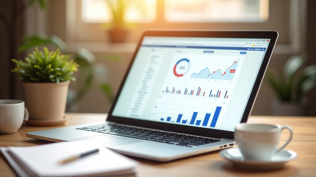 Ordinateur portable ouvert sur un bureau avec graphiques de revenus et cahier de notes à côté