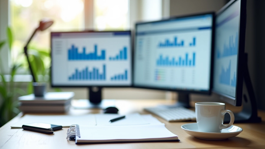 Espace de travail numérique moderne avec tableaux de bord analytiques et planification de stratégie