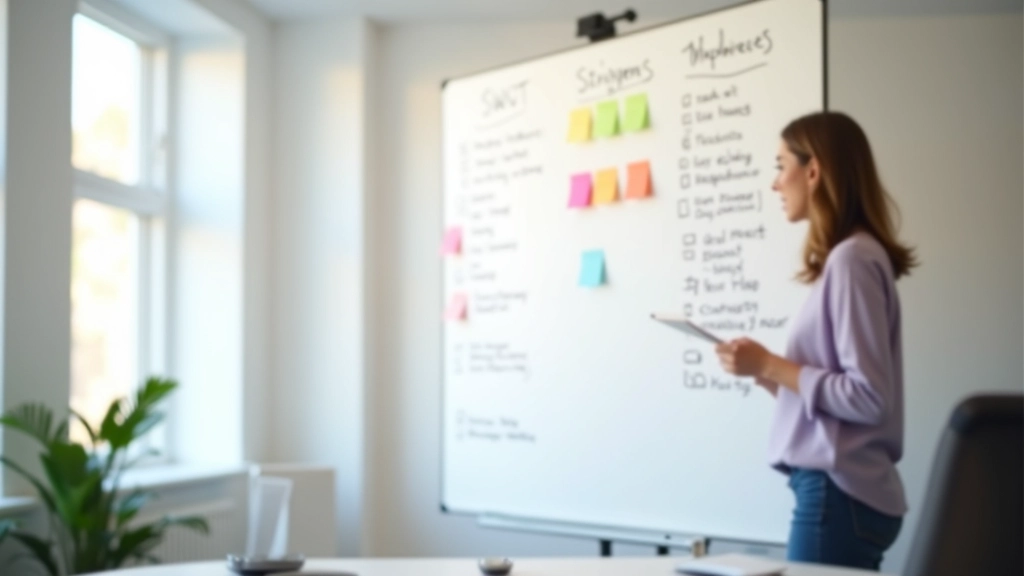 Tableau blanc avec notes de stratégie concurrentielle et diagramme d'analyse SWOT